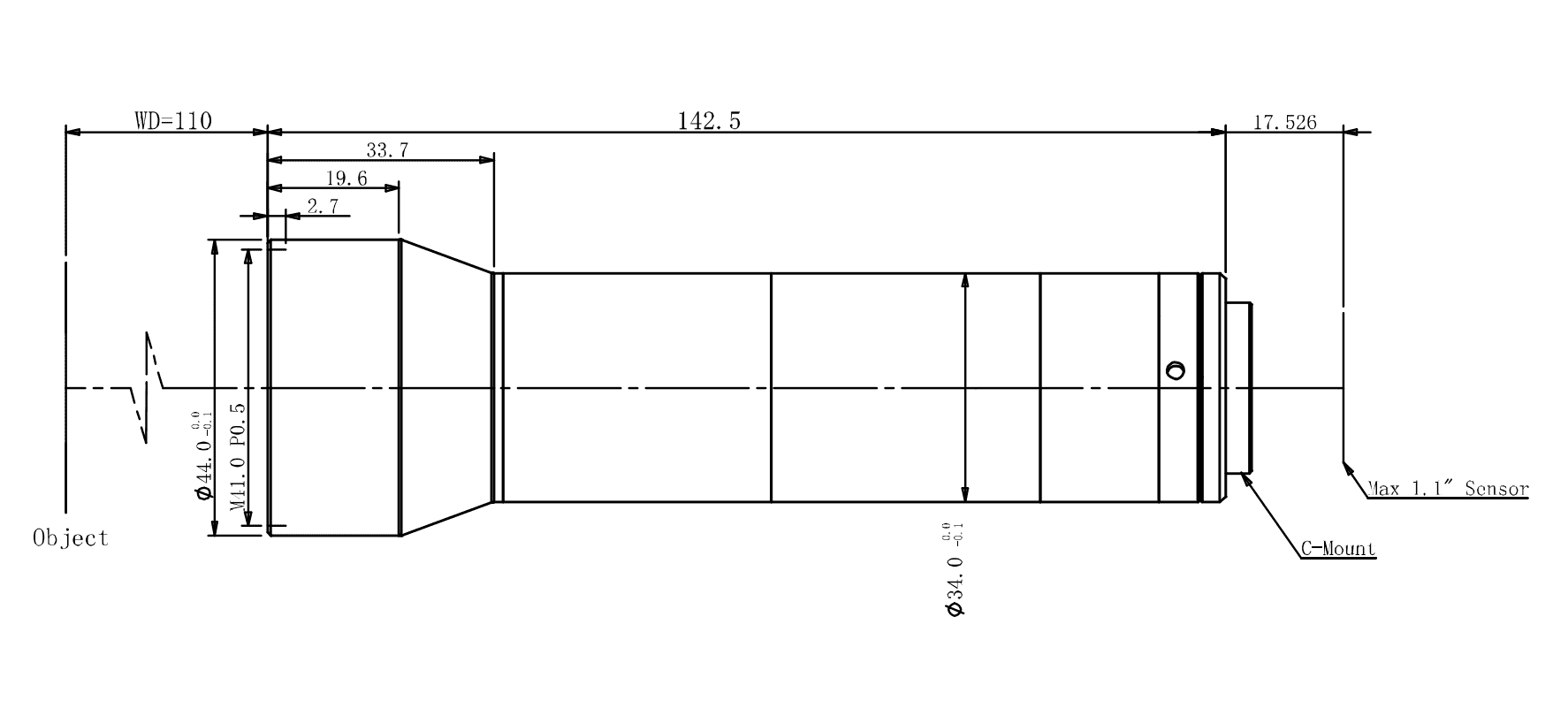 LCM-TELECENTRIC-1X-WD110-1.1-NI, Telecentric C-mount lens, Magnification 1x, Sensorsize 1.1"