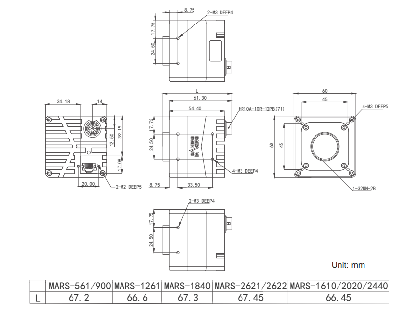 Mechanical drawing and dimensions of 16MP 10GigE Vision Camera Monochrome with Sony IMX542 sensor, model MARS-1610-52GTM