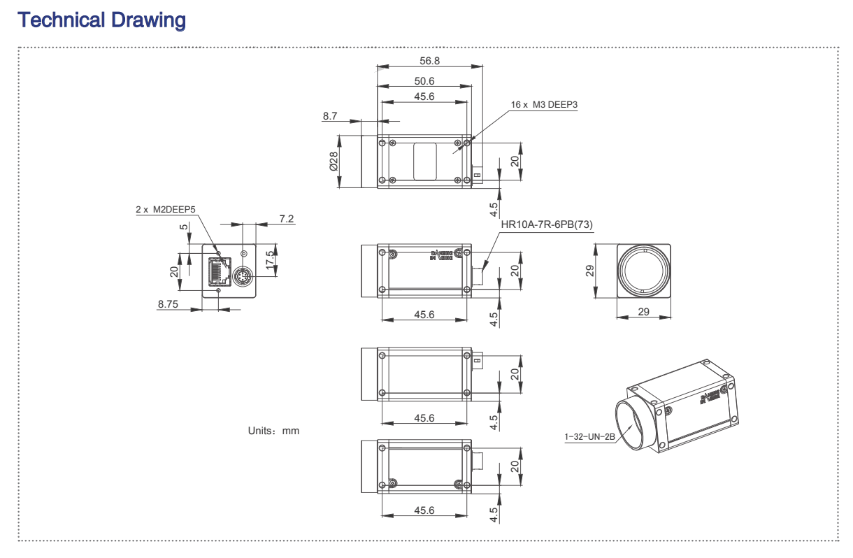 Mechanical drawing of 2.5GigE imaging camera 12MP Color with Sony IMX545 sensor, model MER3-1221-24G3MC-P