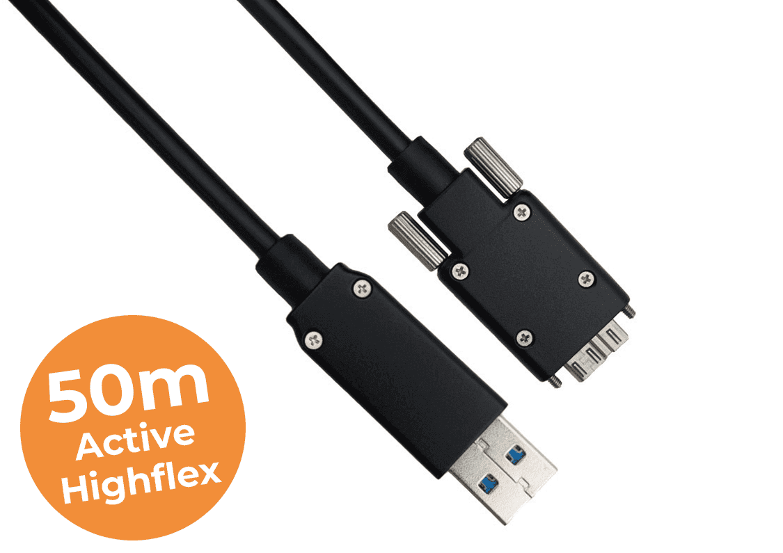 CABLE-D-USB3-50M-HF, 50 meter USB3 actieve highflex-kabel, Schroefvergrendeling, Industriële kwaliteit, Actieve highflex-kabel