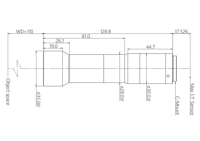 LCM-TELECENTRIC-1.5X-WD110-1.1-NI, Telecentrische C-mount lens, Vergroting 1,5x, Sensorgrootte 1,1"