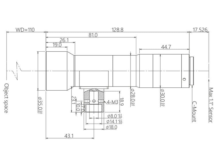 LCM-TELECENTRIC-1.5X-WD110-1.1-CO, Telecentric C-mount lens, Magnification 1.5x, Sensorsize 1.1"