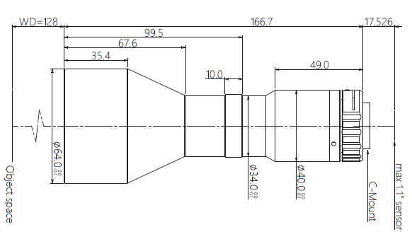 LCM-TELECENTRIC-0.383X-WD128-1.1-NI, telecentrische lens met C-vatting, vergroting 0,383X, sensorgrootte 1,1"