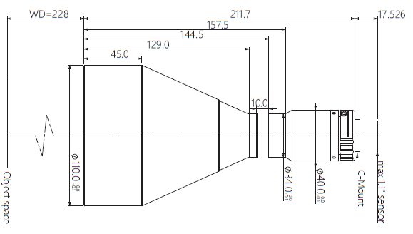 LCM-TELECENTRIC-0.230X-WD228-1.1-NI, Telecentric C-mount Lens, magnification 0.230X, sensorsize 1.1"