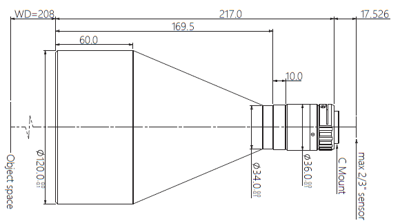 LCM-TELECENTRIC-0.127X-WD208-1.5-NI, Telecentric C-mount Lens, magnification 0.127X, sensorsize 2/3"